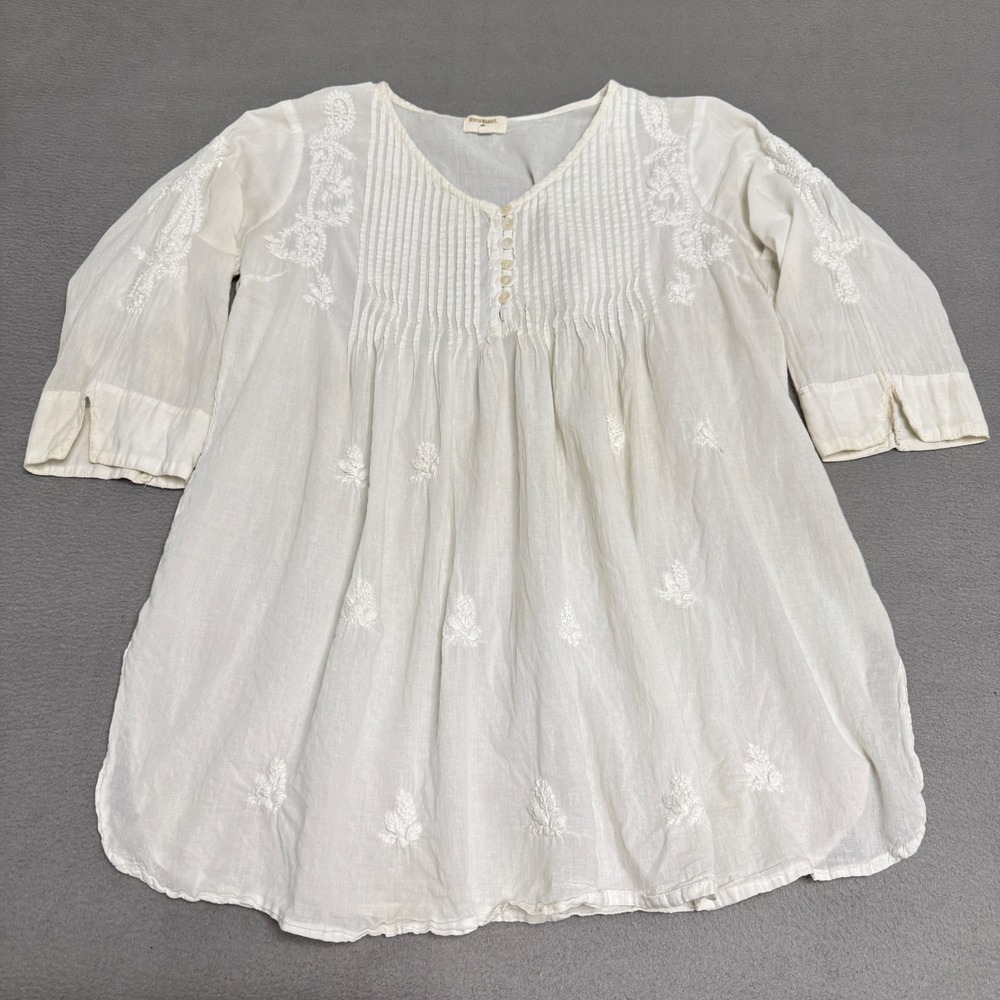 World Market Tunic Top Womens S/M Cream Cotton Gauze Embroidered Boho Coastal